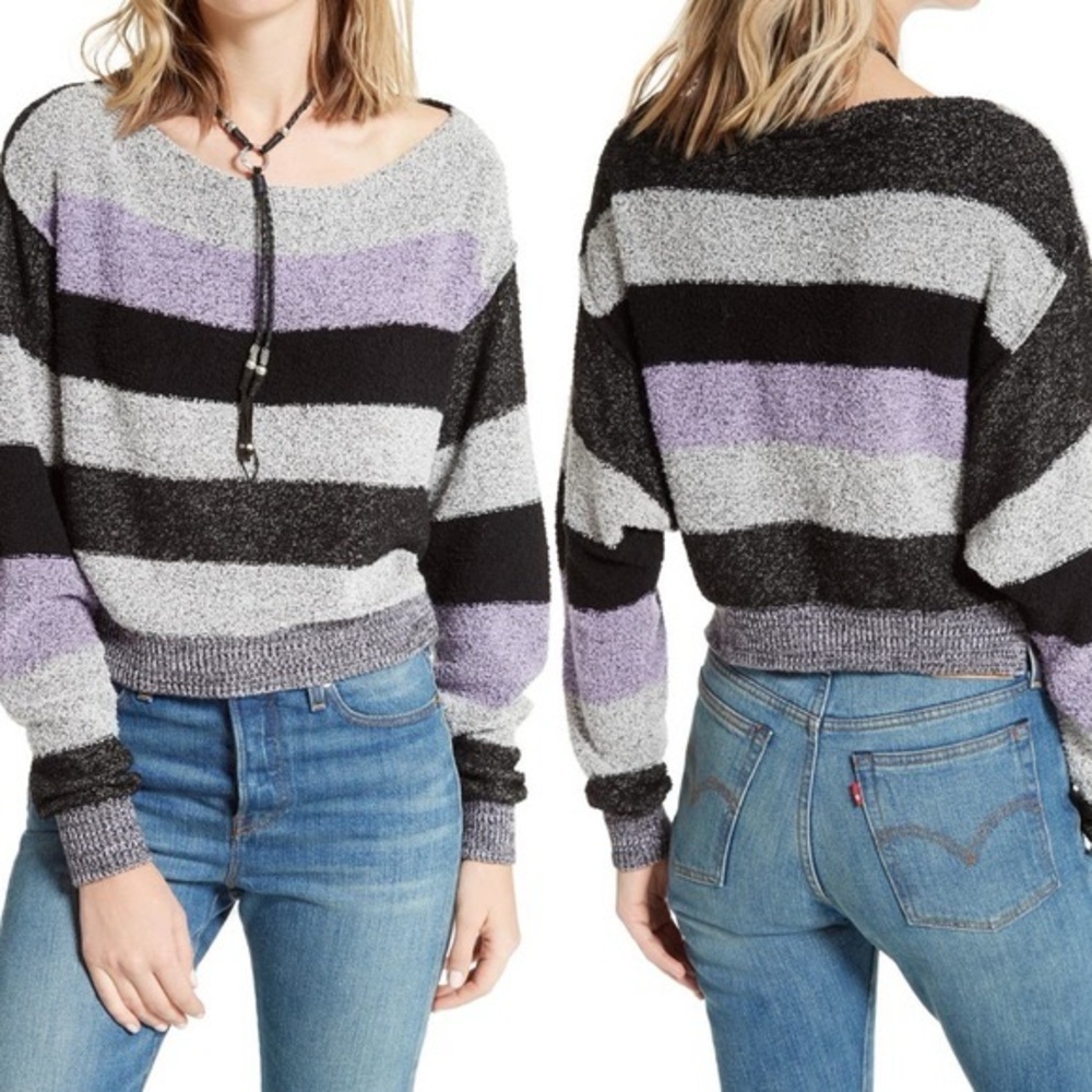 Free People Candyland Striped Black and Purple Sweater M L